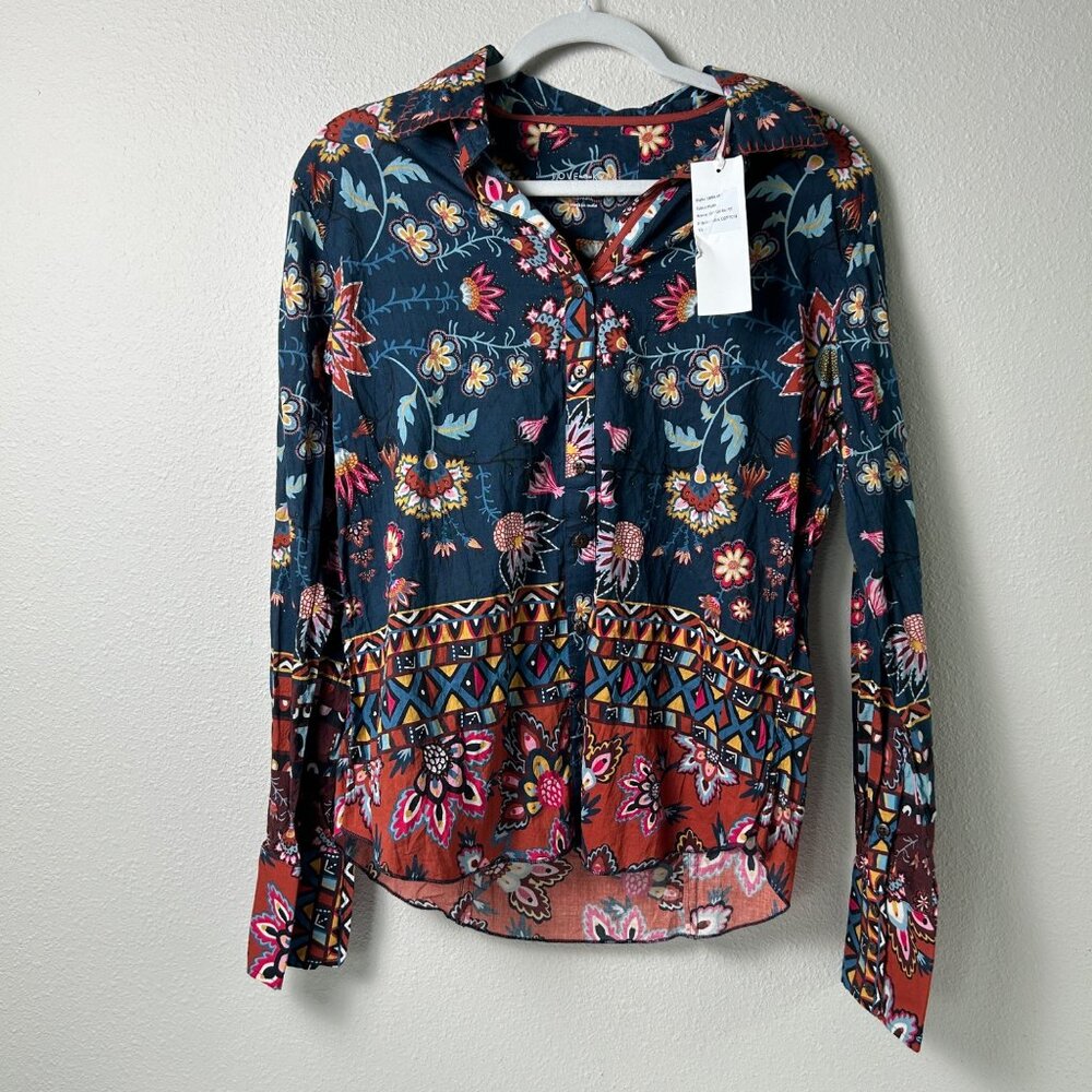Love Kyla Shirt Womens Size S Navy Floral Button Front Long Sleeve Boho Art NWT